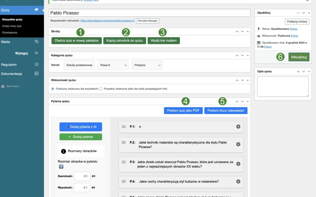 Udostępniania quizu online i w PDF